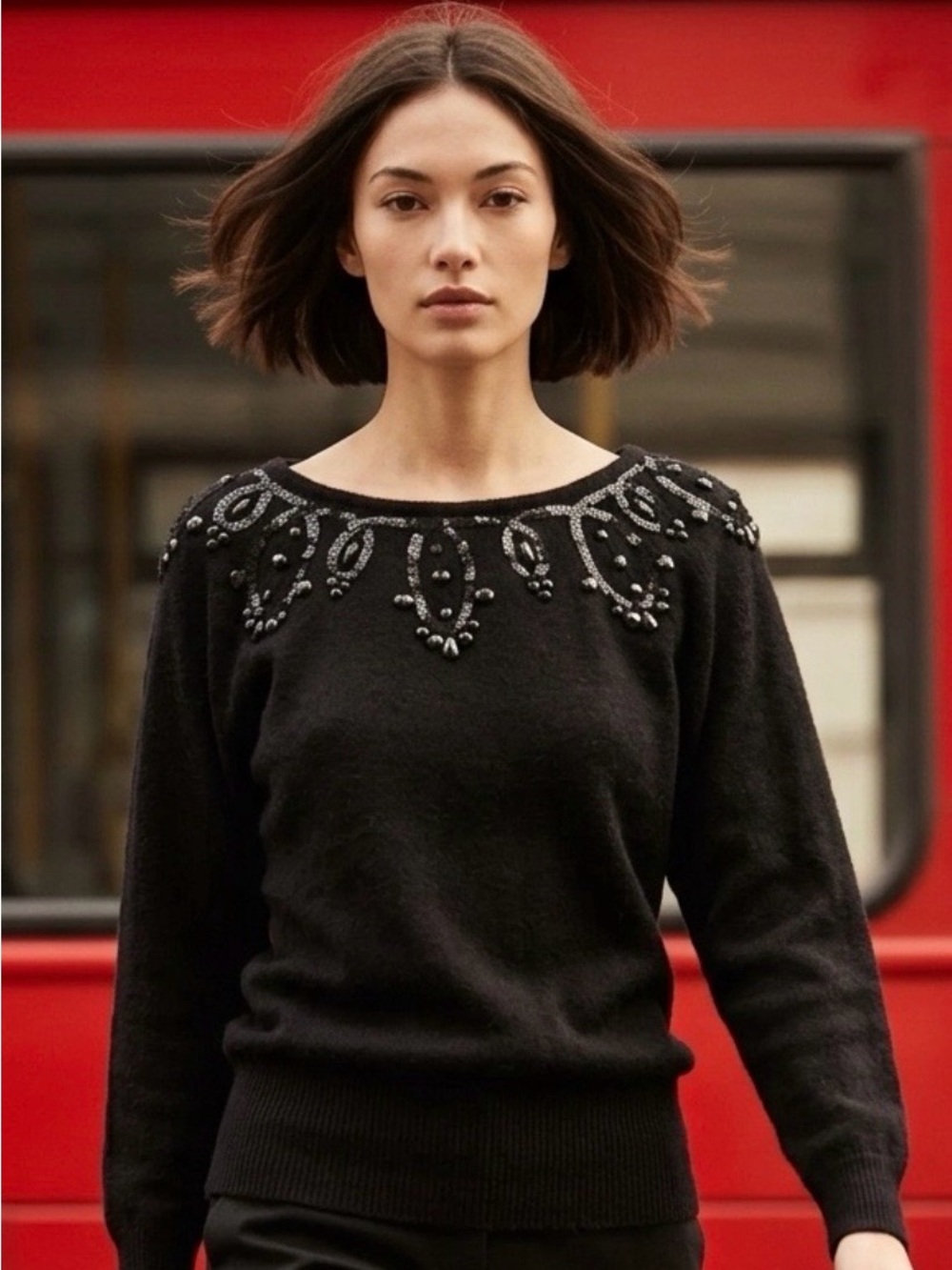 Liz Claiborne Vintage Black Beaded & Sequined Scoop Neck Sweater L